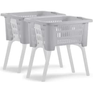 Image of 2x laundry basket with fold-out legs carrying handle 38L plastic household washing tub 60x40x58cm 24x16x23 IN washing container set 2x braun (de)