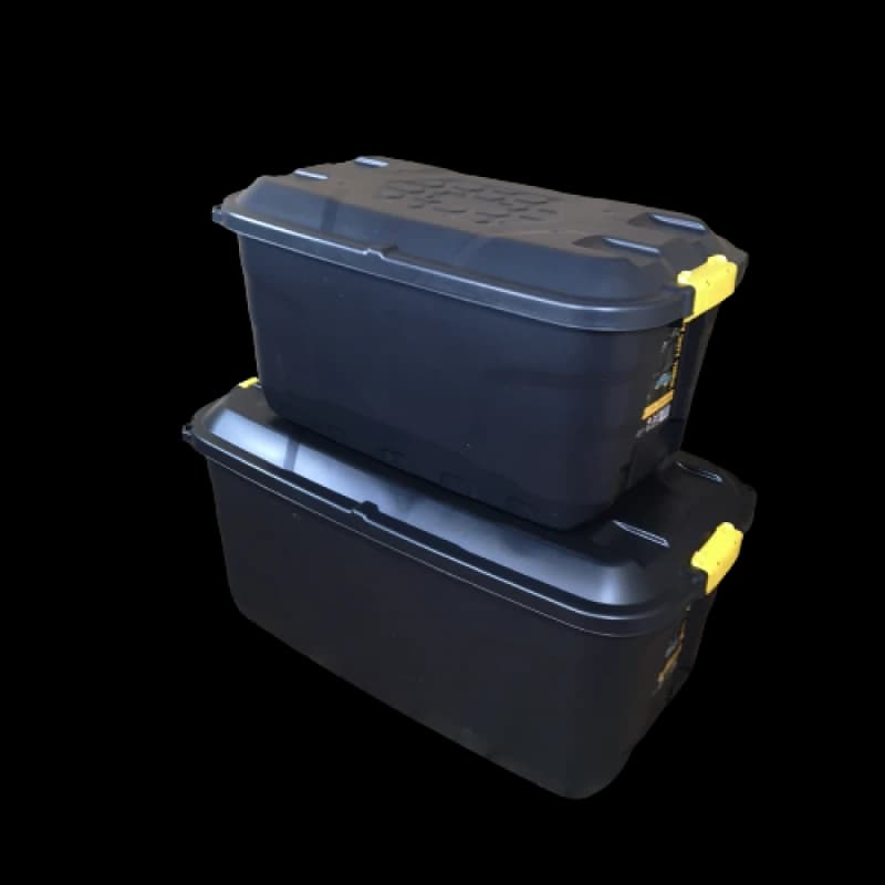 Image of 1 x 145L AND 1 x 75L Heavy Duty Trunks on Wheels Sturdy, Lockable, Stackable and Nestable Design Storage Chest with Clips in Black