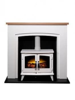 Image of Adam Fires & Fireplaces Adam Siena Stove Suite In Pure White & Oak With Woodhouse Electric Stove In White