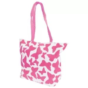 Image of FLOSO Womens/Ladies Straw Woven Butterfly Print Top Handle Handbag (One Size) (White/Fuchsia)