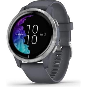 Image of Garmin Venu GPS Smartwatch with Wrist-based Heart Rate - Silver Stainless Steel Bezel with Granite Blue Case and Silicone Band (010-02173-02) (Support