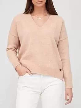 Image of Superdry Wool Blend Slouch V-Neck Jumper - Beige, Beige, Size 10, Women