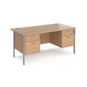 Image of Office Desk Rectangular Desk 1600mm With Double Pedestal Beech Top With Silver Frame 800mm Depth Maestro 25 MH16P22SB