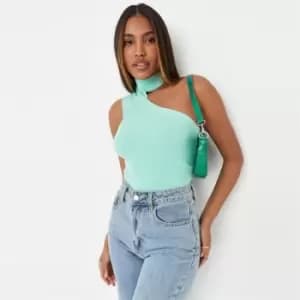 Image of Missguided Rib High Neck Asymmetric Bodysuit - Green