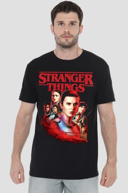 Image of Stranger Things Stranger Things Hawkins Heroes Poster T-Shirt Black Black