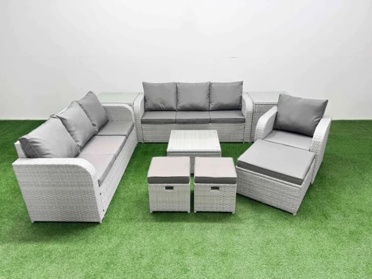 Image of Fimous 10 Seater Poly Rattan Outdoor Garden Furniture Square Coffee Table Sofa Set Patio 3 Seater Sofa Reclining Chair 3 Seater Sofa 3 Stools 2 Side T