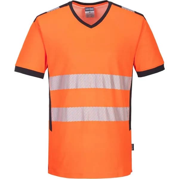 Image of Portwest PW3 Hi Vis V Neck Mesh Insert Short Sleeve T Shirt PW310OBRM Colour: Orange / Black