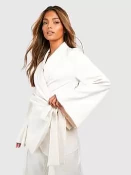 Image of Boohoo Flared Sleeve Belted Tailored Blazer - Ecru, Cream, Size 10, Women