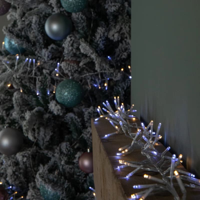 Image of 9.3m 720 LED Christmas Cluster String Lights with Timer in White & Warm White on Clear Cable