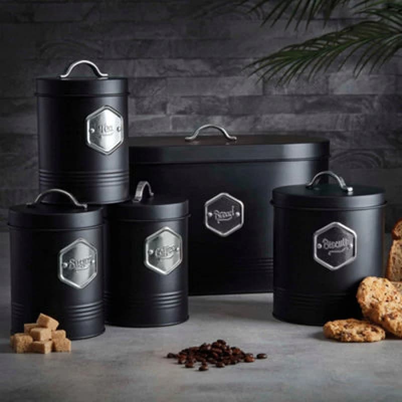 Image of Cooks Professional Kitchen Storage Set Bread Bin Sugar Tea Coffee Black Silver Black unisex