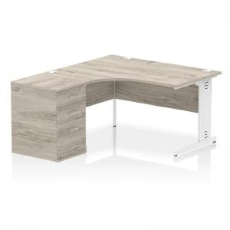 Image of Impulse Impulse 1400mm Left Crescent Office Desk Grey Oak Top White Cable Managed Leg Workstation 600 Deep Desk High Pedestal IWSLW146WGRY