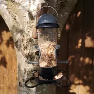 Image of Tom Chambers Roll Top 2 Port Garden Wild Bird Hanging Grey and Black Plastic Seed Feeder
