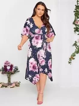Image of Yours Floral Hankey Hem Wrap Dress, Blue, Size 16, Women