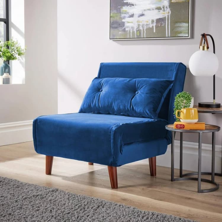 Image of Home Source Morella Velvet 1 Seater Single Folding Sofa Bed Blue