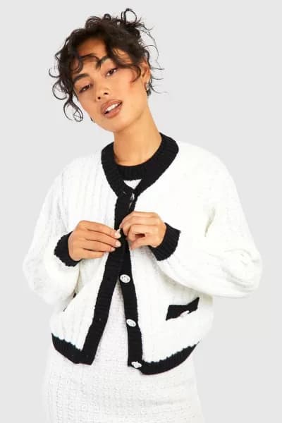 Image of Pearl Button Trim Detail Crop Cardigan