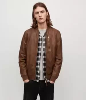 Image of AllSaints Mens Kemble Leather Bomber Jacket, Tan Brown, Size: M