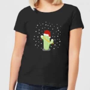 Image of Cactus Santa Hat Womens T-Shirt - Black - 3XL
