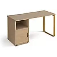 Image of Rectangular Sleigh Frame Desk With Support Pedestal And Cupboard Door Kendal Oak Wood/Metal Sleigh Legs Brass Cairo 1400 x 600 x 730mm