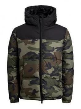 Image of Jack & Jones Junior Boys Camo Print Hooded Padded Coat - Camouflage, Camo, Size Age: 8 Years