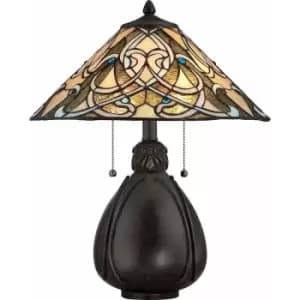 Image of 2 Bulb Twin Table Lamp Tiffany Glass Bulbous Base Imperial Bronze LED E27 75W