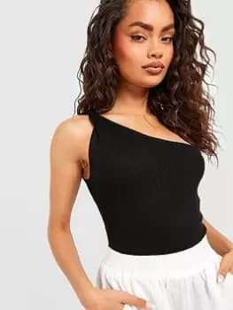 Image of Boohoo Twist Shoulder One Sleeve Rib Knit Bodysuit - Black, Size XL, Women