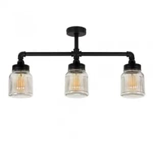 Image of Luiggi Steampunk 3 Way Bar Light in Black with Ribbed Jar Shades