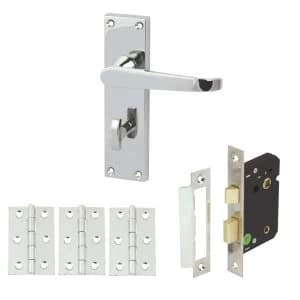 Image of Straight Victorian Bathroom Door Handle Set with Lock and Hinges