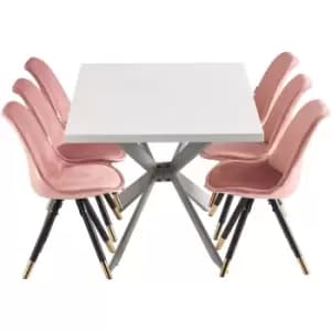 Image of 7 Pieces Life Interiors Vittorio Duke Dining Set - a White Rectangular Dining Table and Set of 6 Pink Dining Chairs - Pink