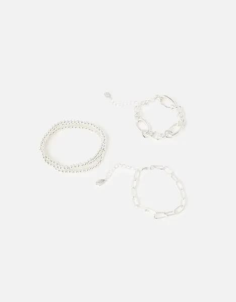 Image of Accessorize Chain and Stretch Beaded Bracelets 5 Pack Silver