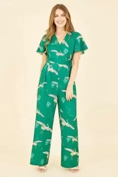 Image of Green Crane Print Angel Sleeve Jumpsuit