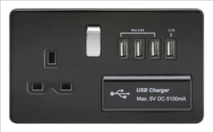 Image of KnightsBridge 13A 2G Screwless 1G Matt Black Switched Socket with Quad 5V USB Charger Ports - Black Insert
