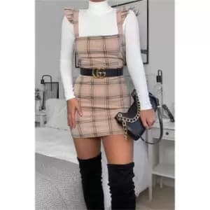 Image of I Saw It First Camel Crepe Check Frill Sleeve Pinafore Dress - Brown
