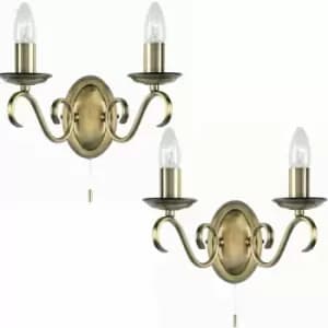 Image of Loops - 2 pack Dimmable LED Twin Wall Light Antique Brass Vintage 2x Bulb Lamp Lighting