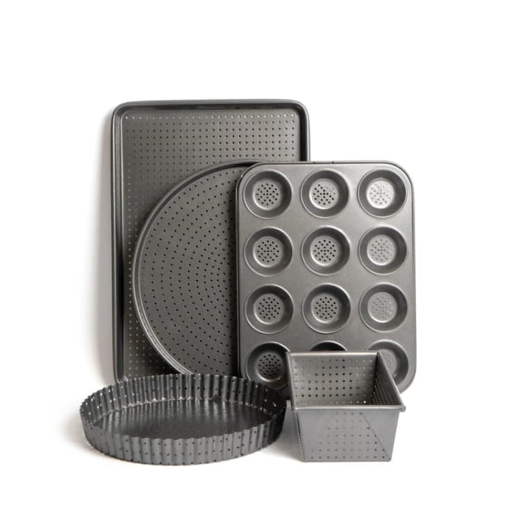Image of Masterclass 5pc Crusty Bake Non-Stick Bakeware Set with 25cm Quiche Tin, 32cm Pizza Crisper, 12-Hole Yorkshire Pudding Tray, 2lb Loaf Pan and 32cm Bak