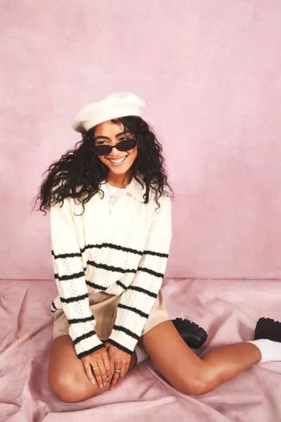 Image of Soft Knit Cable Stripe Polo Collar Jumper