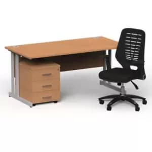 Image of Impulse 1600/800 Silver Cant Desk Oak + 3 Dr Mobile Ped & Relay Black Back