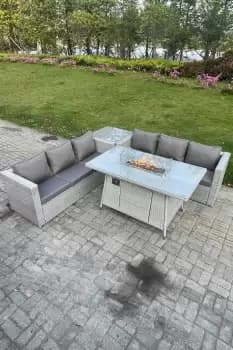 Image of Fimous 6 Seater Outdoor Light Grey Rattan Lounge Complete Sofa Set with Gas Fire Pit Dining Table, Gas Heater, and Side Coffee Table