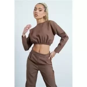 Image of I Saw It First Chocolate Woven Long Sleeve Co-Ord Crop Top - Brown