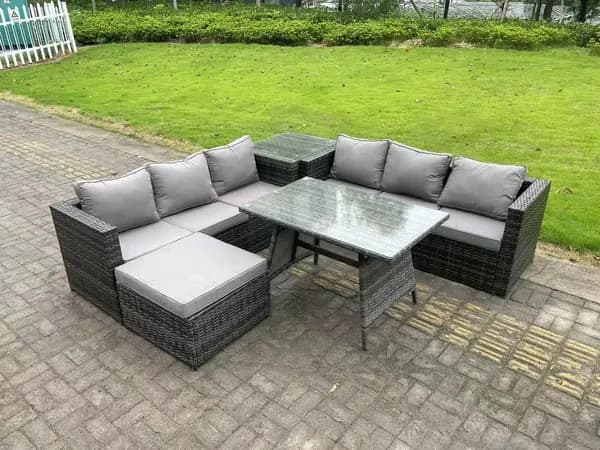Image of Fimous 6 Seater Outdoor Dark Grey Rattan Lounge Complete Sofa Set with Dining Table, Side Table and Big Footstool