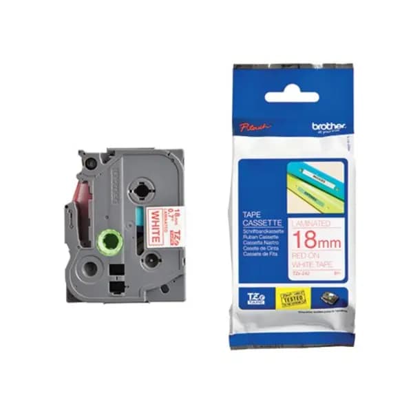 Image of Brother P-touch TZe Laminated Tape Cassette 18mm x 8m Red on White Tape TZE242