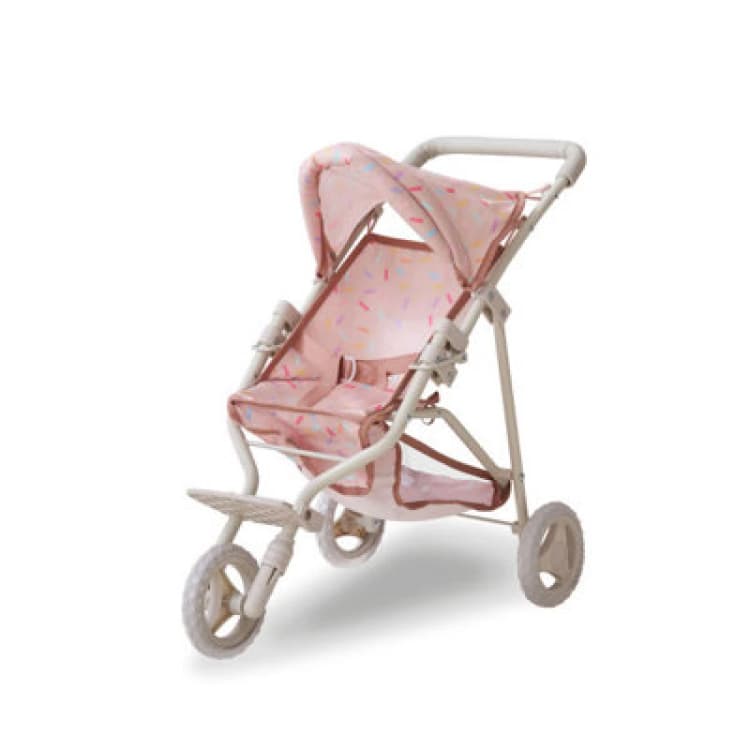 Image of Teamson Kids Jogging Doll Stroller In Beige With Confetti Pattern, Adjustable Canopy, Soft Grip, Harness & Storage Basket
