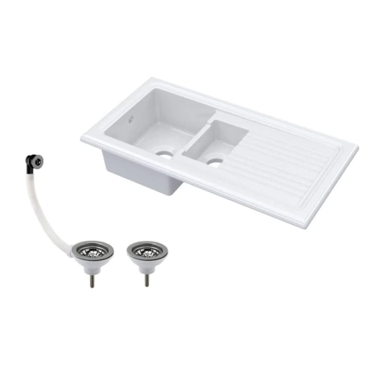 Image of Balterley 101cm 1.5 Bowl Fireclay Inset Sink & Drainer & Nickel Wastes - White White Unisex