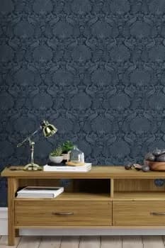 Image of Laura Ashley Peacock Damask Wallpaper - Blue
