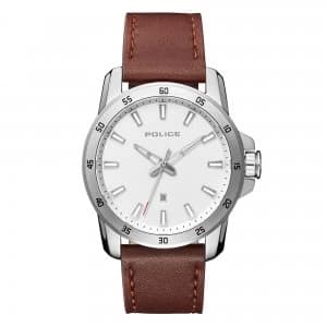 Image of Police Tan Leather Strap Watch with White Dial