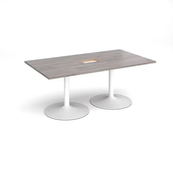 Image of Trumpet Base Rectangular Office Boardroom Table with Power Module Cut Out - Grey Oak - White Base - W1800mm