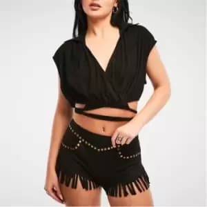 Image of Missguided FauXSuede Wrap Around Crop Shirt - Black