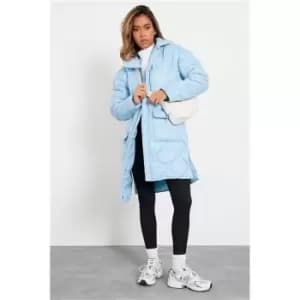 Image of I Saw It First Baby Blue Longline Onion Quilted Shacket With Collar And Front Pockets - Blue