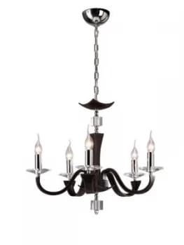 Image of Ceiling Pendant Chandelier 5 Light Polished Chrome, Dark Brown Faux Leather, Crystal