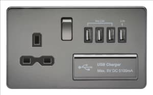 Image of KnightsBridge 2G 13A Screwless Black Nickel 1G Switched Socket with Quad 5V USB Charger Ports - Black Insert