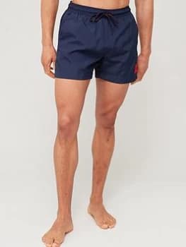 Image of HUGO Dominica Red Patch Logo Swim Shorts - Navy Size XL Men